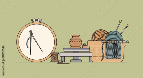 Crafting supplies: embroidery hoop, yarn, knitting needles, pottery, and sewing needle on a table