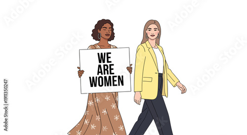 Two women walking together holding a sign that says 'We Are Women' advocating for equality