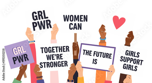 Diverse hands raise empowering signs, symbolizing women's collective strength, unity, and a hopeful future