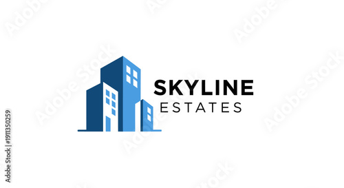 Skyline Estates logo featuring blue buildings and text on a white background.