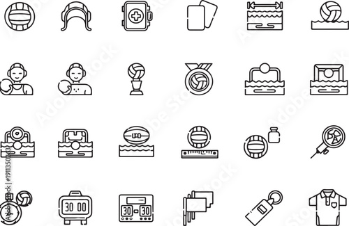 Water polo equipment and apparel icons and activities isolated on white background, illustration