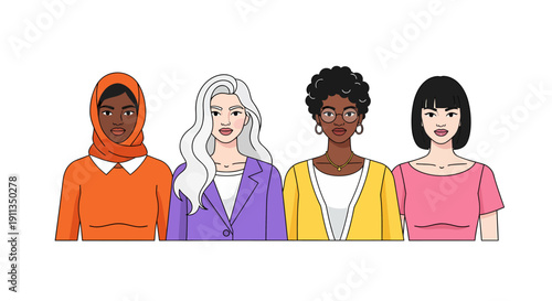 Diverse Group of Empowered Women Standing Together, Representing Global Community and Inclusion