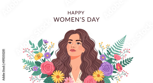 Empowered woman illustration with lush floral arrangement, symbolizing grace, beauty, and strength for celebration