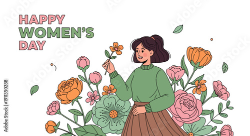 Happy Women's Day Celebration with Flowers and Joyful Woman