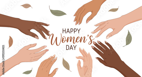 Happy Women's Day illustration with diverse hands reaching for the center