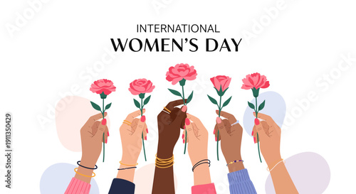 International Women's Day Celebration with Diverse Hands Holding Pink Carnations