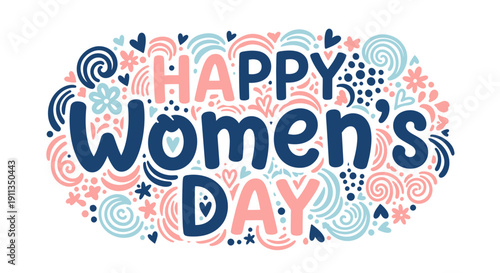 Happy Women's Day Celebration with Floral and Swirl Decorations