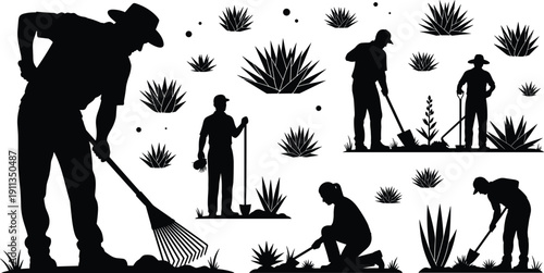 Set of black silhouettes showing farmers and gardeners working in fields, digging soil, planting crops, raking land, and cultivating plants, sustainable 