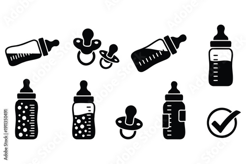Collection of baby care icons including bottles pacifiers and feeding accessories in minimalist style