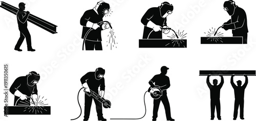 Set of black silhouettes showing metal workers welding, cutting steel, carrying beams, and grinding surfaces, industrial manufacturing and construction process concept, 
