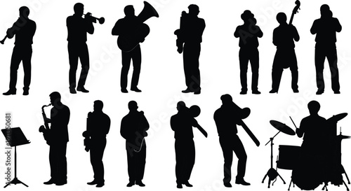 Set of black silhouettes showing musicians playing trumpet, saxophone, tuba, trombone, double bass, and drums, jazz band and orchestra performance concept, live music entertainment vector illustration