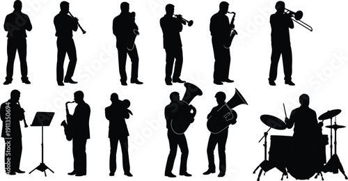 Set of black silhouettes showing musicians playing trumpet, saxophone, trombone, tuba, and drums, jazz band and orchestra performance collection, live music entertainment concept, vector illustration