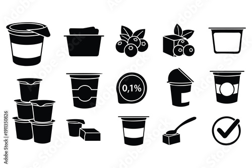 Collection of yogurt and dairy product icons with various designs and flavors isolated on transparent background perfect for food packaging and graphic design projects