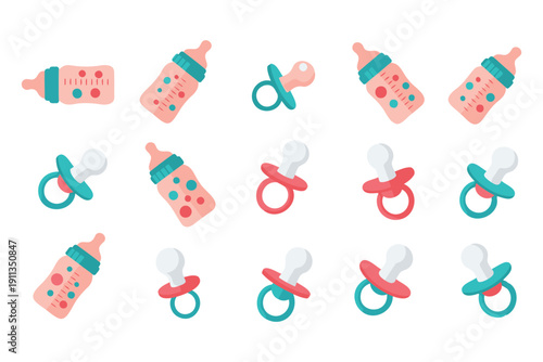 Colorful collection of baby bottles and pacifiers in pastel pink and teal isolated illustration perfect for parenting and childcare themes