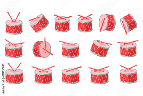 Colorful collection of red and pink drum illustrations with drumsticks in various positions and angles
