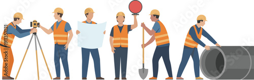 Construction workers team illustration with survey equipment, blueprint planning, roadwork labor, pipeline installation and infrastructure development activities scene