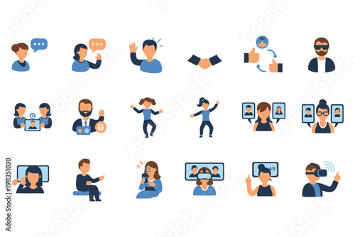 Colorful flat design illustration set of diverse people engaging in various communication and technology activities and interactions