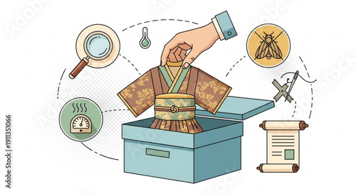 Hand placing traditional kimono in storage box surrounded by preservation icons like magnifying glass and moth concept of textile care a