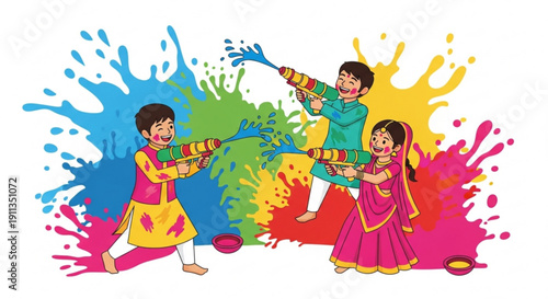 Children celebrating Holi festival playing with colorful water guns and powder vibrant splashes of color Indian culture and tradition