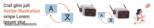 Language translation, AI communication, technology integration, multilingual support, automated systems, innovation. Robots processing speech bubbles with text in differing languages. Language