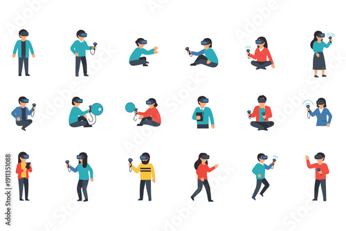Colorful flat design illustrations of people using virtual reality headsets and controllers in various poses and activities