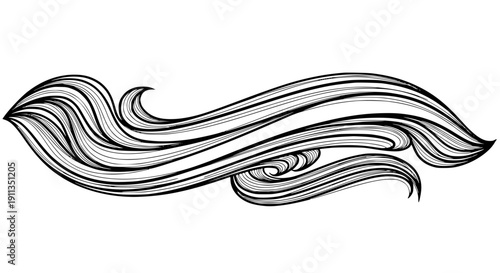 Elegant black and white stylized abstract swirling line art flourish vector decoration element design isolated on transparent background