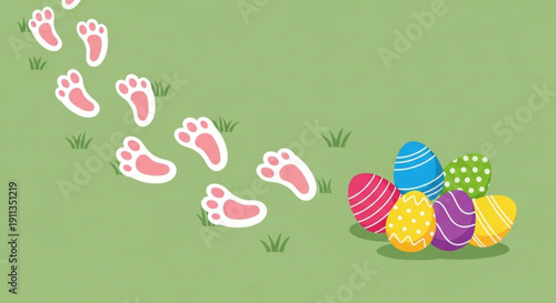 Easter bunny footprints leading to colorful decorated eggs on green grass festive spring holiday illustration for celebration and design