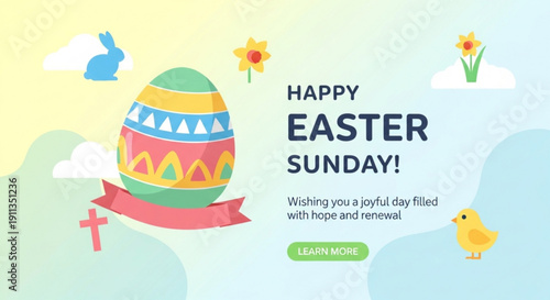 Happy Easter Sunday greeting card with decorated egg bunny chick and cross vector illustration for spring holiday celebration