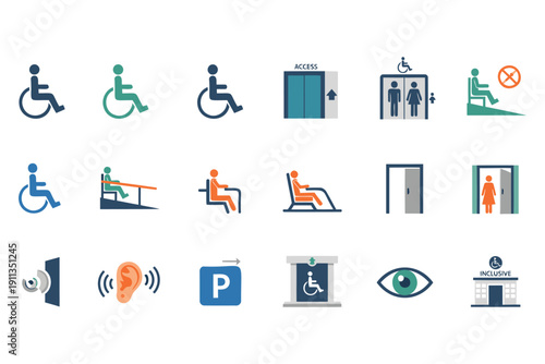 Comprehensive collection of accessibility and disability icons for inclusive design and public facilities representation