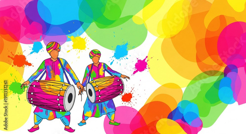 Indian musicians playing dhol drums with vibrant color splashes celebrating festival of colors traditional folk music performance