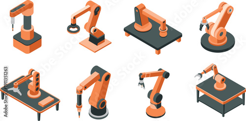 Industrial robotic arms set illustration featuring automated manufacturing robots, mechanical manipulators and factory automation equipment collection