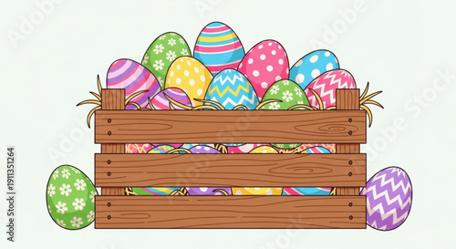 Colorful Easter eggs in a wooden crate festive spring holiday decoration perfect for greeting cards and seasonal design