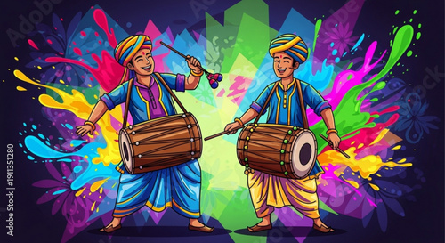 Two men playing dhol drums with colorful powder splashes celebrating Indian festival vibrant cultural illustration