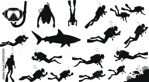 Set of scuba diver and underwater exploration silhouettes with diving equipment, swimming poses, shark and coral reef elements on white background, marine adventure vector illustration collection