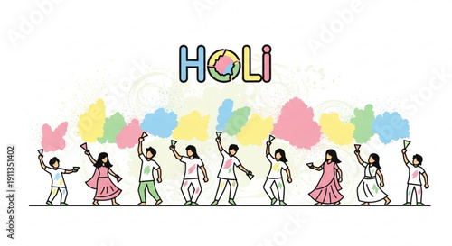 People celebrating Holi festival with colored powder joyful illustration for Indian spring festival and cultural events isolated on whit