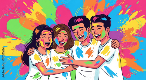 Happy friends celebrating Holi festival with colorful powder joyful group embracing vibrant cultural event illustration