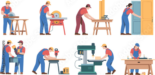 Professional carpenters working in woodworking workshop using power tools, cutting machines, assembling furniture and installing interior doors