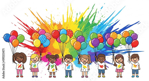 Diverse children holding colorful balloons against vibrant paint splashes celebrating joy and creativity perfect for party or educationa