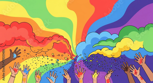Diverse hands reaching up to vibrant rainbow colors symbolizing unity and creativity abstract concept art for celebration and diversity