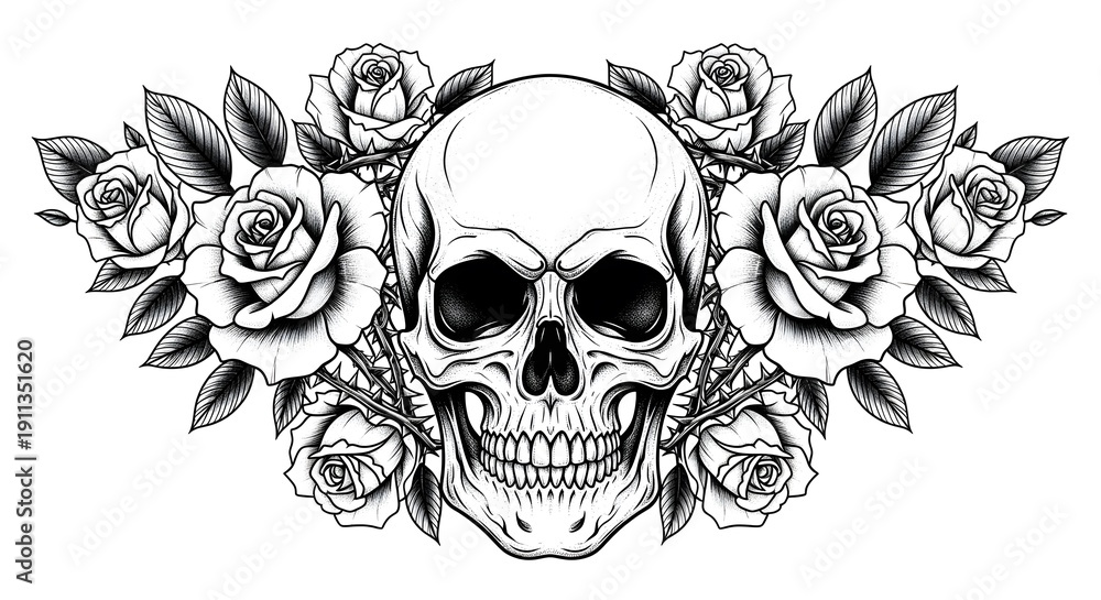 Fototapeta premium Detailed Skull With Roses Tattoo Illustration