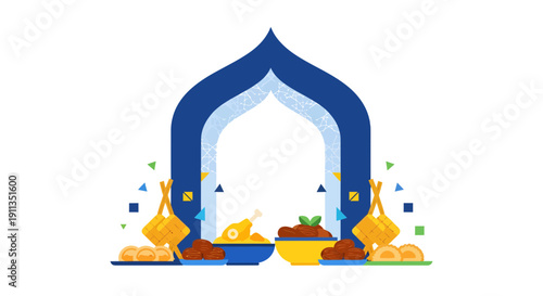 Ramadan Kareem and Eid Mubarak Illustration with Traditional Food, Ketupat, Dates, and Islamic Arch Ornament on White Background