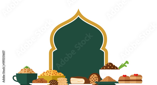 Ramadan Kareem and Eid Mubarak background with Islamic arch and traditional food snacks