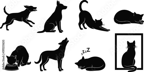 Silhouette set of cats and dogs in various poses including sitting, sleeping, stretching, eating, and playing, representing pet behavior, animal collection, and domestic life concept