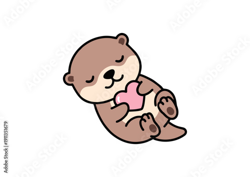 Sweet otter hugging heart symbol. Cute flat vector cartoon animal for love, valentine, emotional care, kids design, stickers, greeting cards, and social media content.