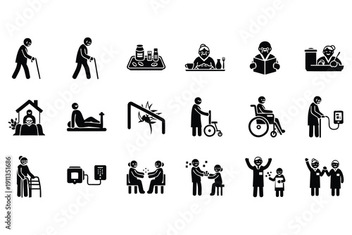Comprehensive collection of elderly care and medical assistance icons depicting mobility support healthcare and daily activities