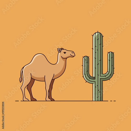 Camel and Saguaro Cactus in Desert Landscape