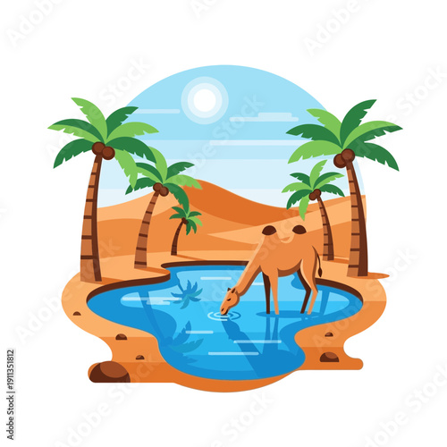 Camel drinks water from desert oasis surrounded by palm trees and sand dunes