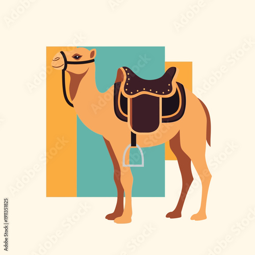 Camel with saddle, flat design, desert animal illustration