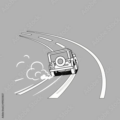 Car drifting on winding road, smoke from tires, stylized illustration