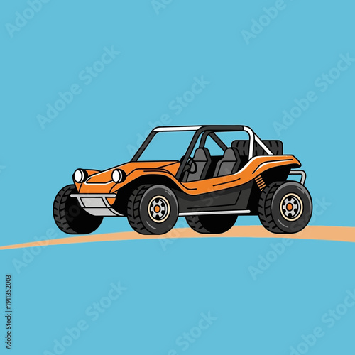 Orange dune buggy on sandy road, cartoon style